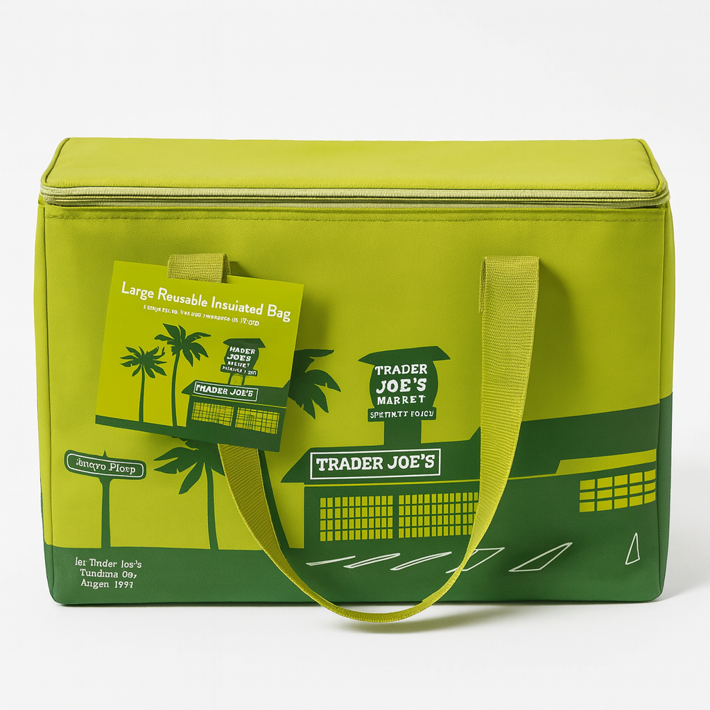 Green reusable insulated bag with Trader Joe's branding on a white background