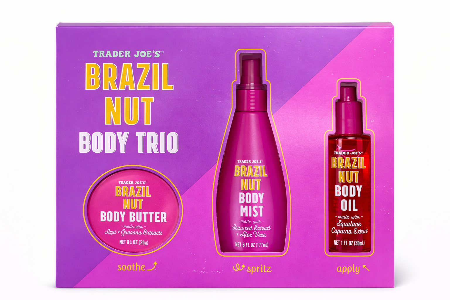 Trader Joe's Brazil Nut Body Trio set with bottles and packaging on a purple background