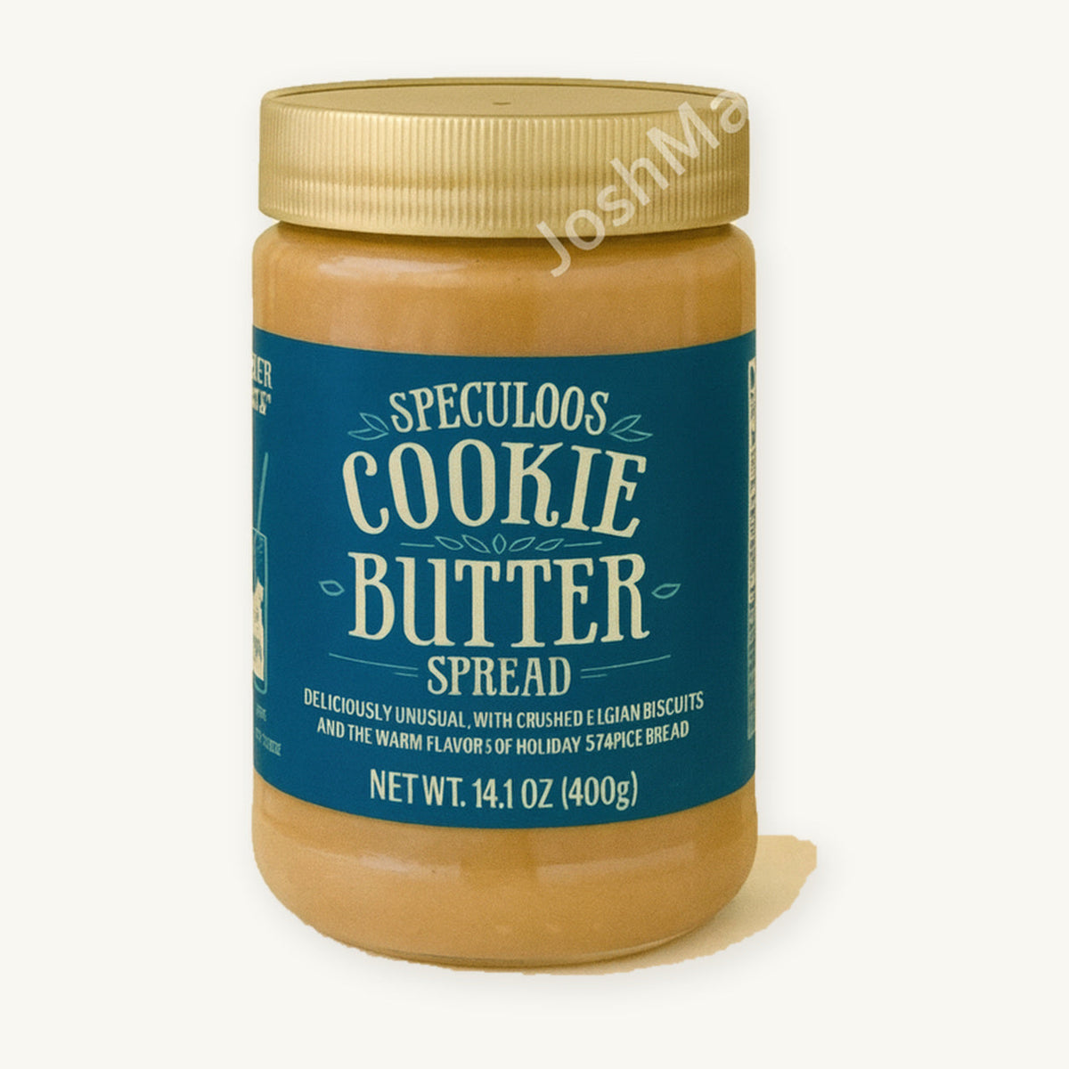 Trader Joe's Speculoos Cookie Butter Spread, 14.1 oz. Jar with a gold lid and blue label on a warm ivory background.