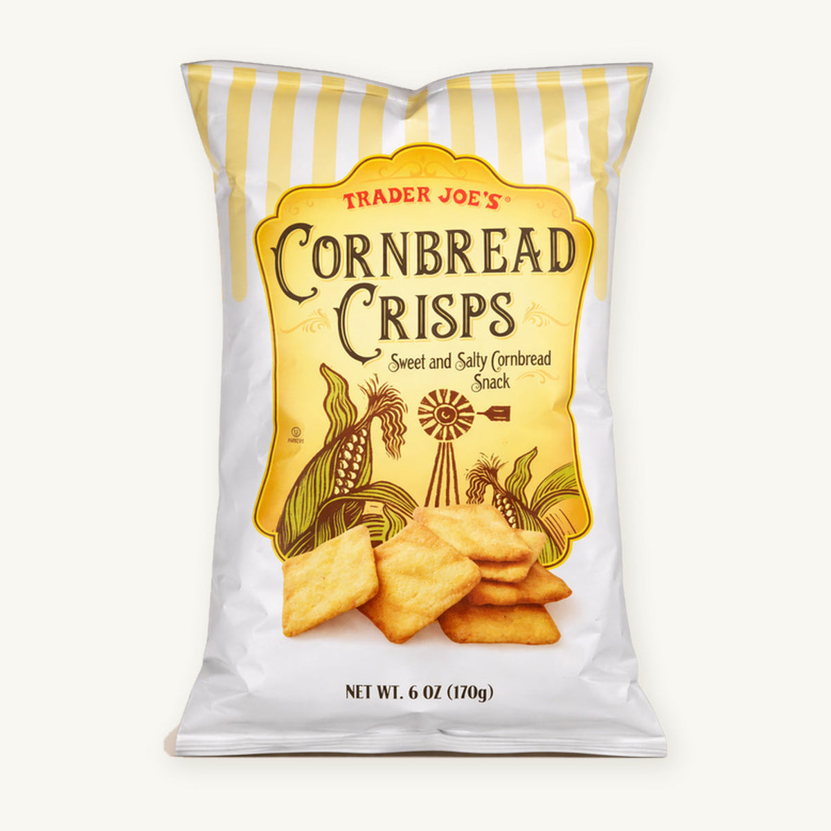 Trader Joe's Cornbread Crisps, 6 oz. Yellow and white striped bag on a warm ivory background.