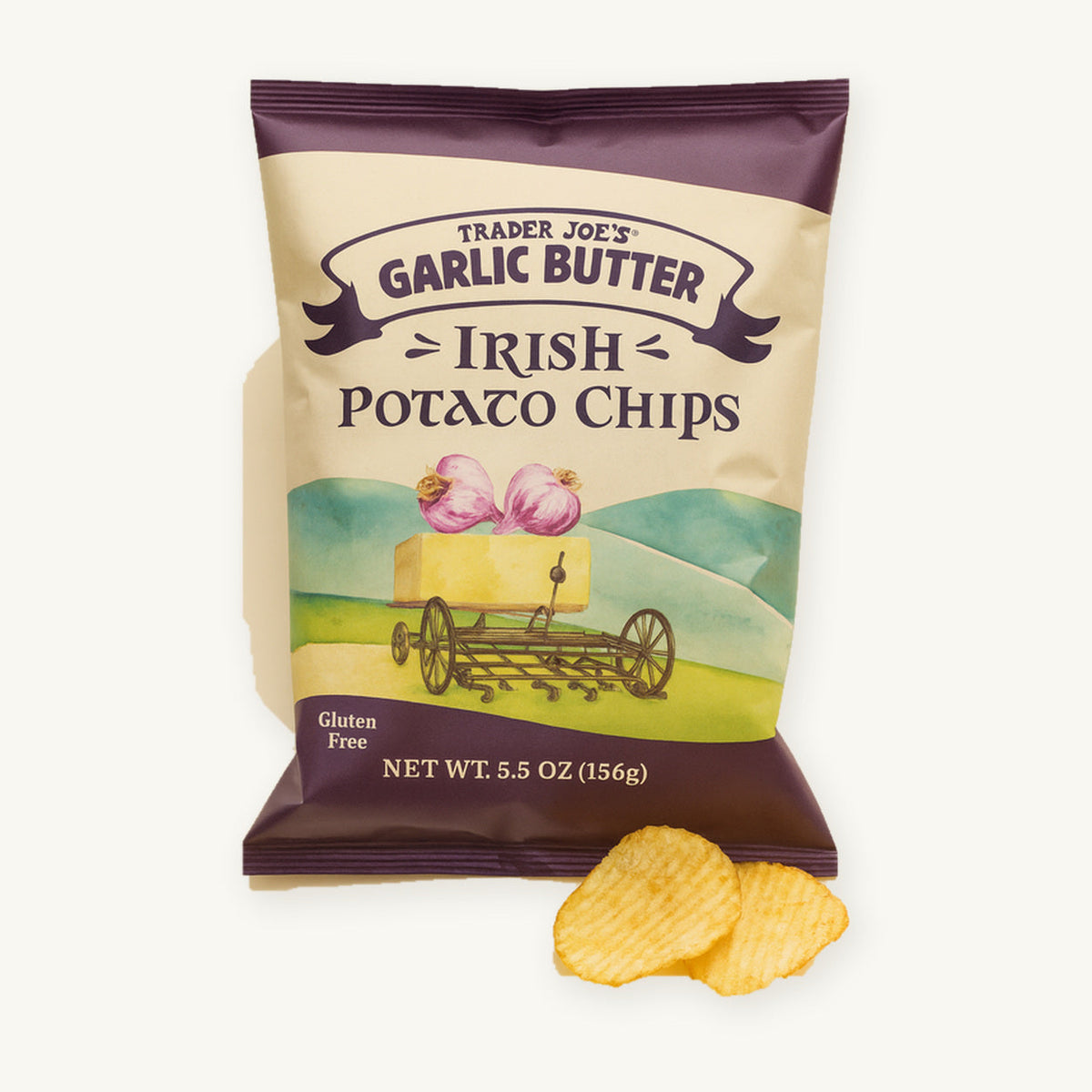 Trader Joe's Garlic Butter Irish Potato Chips, 5.5 oz. Cream and purple bag showing garlic and potato chips on a warm ivory background.