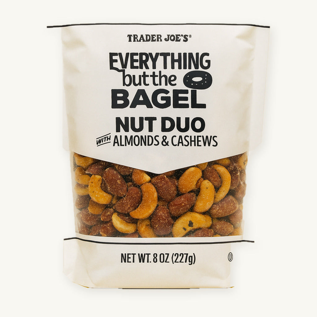 Trader Joe's Everything but the Bagel Nut Duo, 8 oz. White pouch showing seasoned almonds and cashews on a warm ivory background.