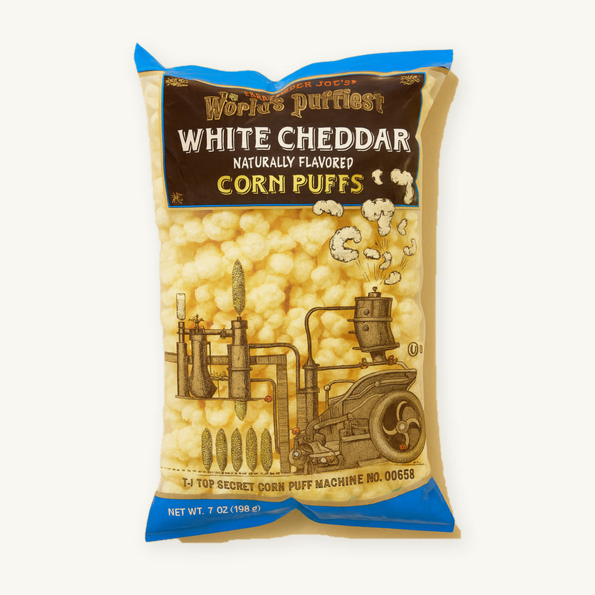 Trader Joe's World's Puffiest White Cheddar Corn Puffs, 7 oz. Yellow and blue bag illustrated with a puff-making machine on a warm ivory background.