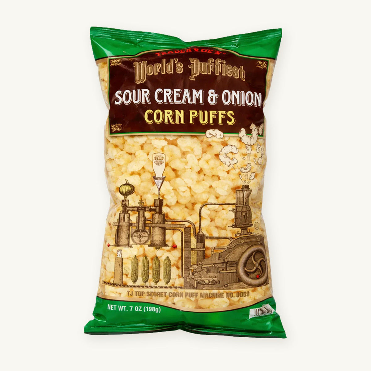 Trader Joe's World's Puffiest Sour Cream & Onion Corn Puffs, 7 oz. Green-trimmed bag illustrated with a puff-making machine on a warm ivory background.