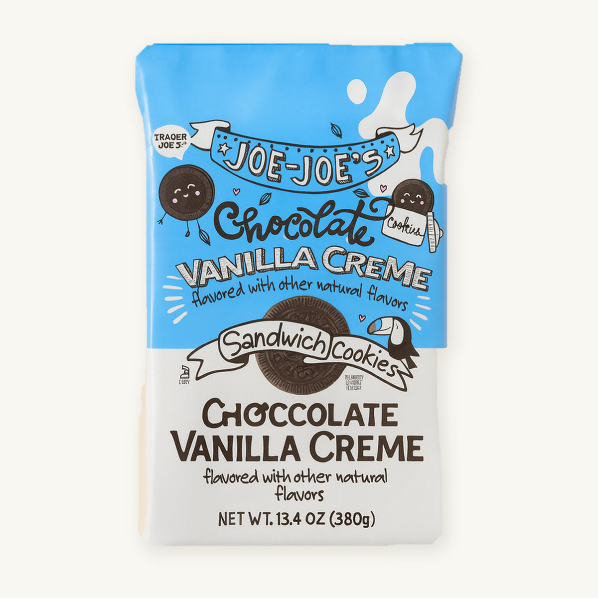 Trader Joe's Joe-Joe's Chocolate Vanilla Creme Sandwich Cookies, 13.4 oz. Blue and cream cookie package on a warm ivory background.