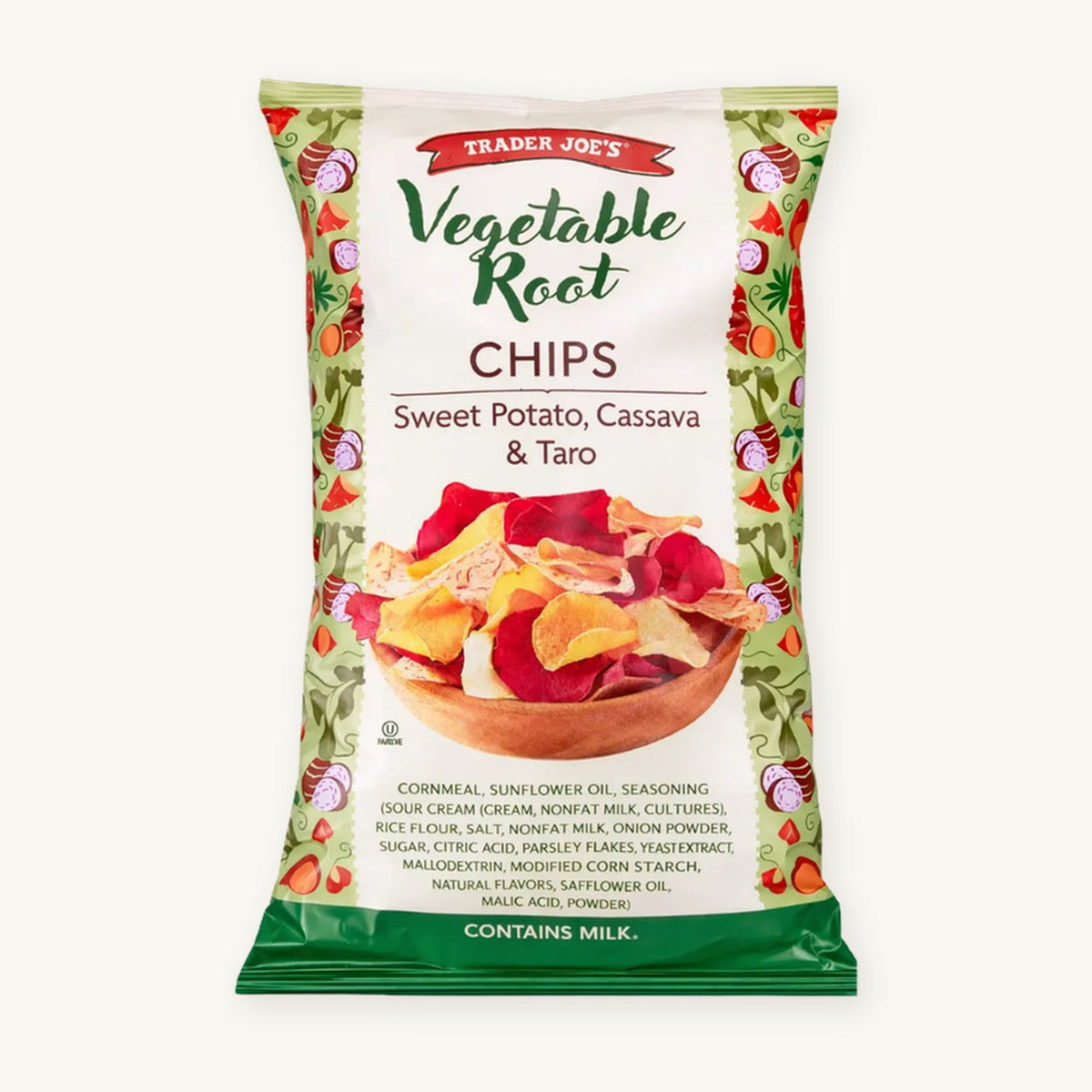 Trader Joe's Vegetable Root Chips. White and green bag showing mixed vegetable chips on a warm ivory background.
