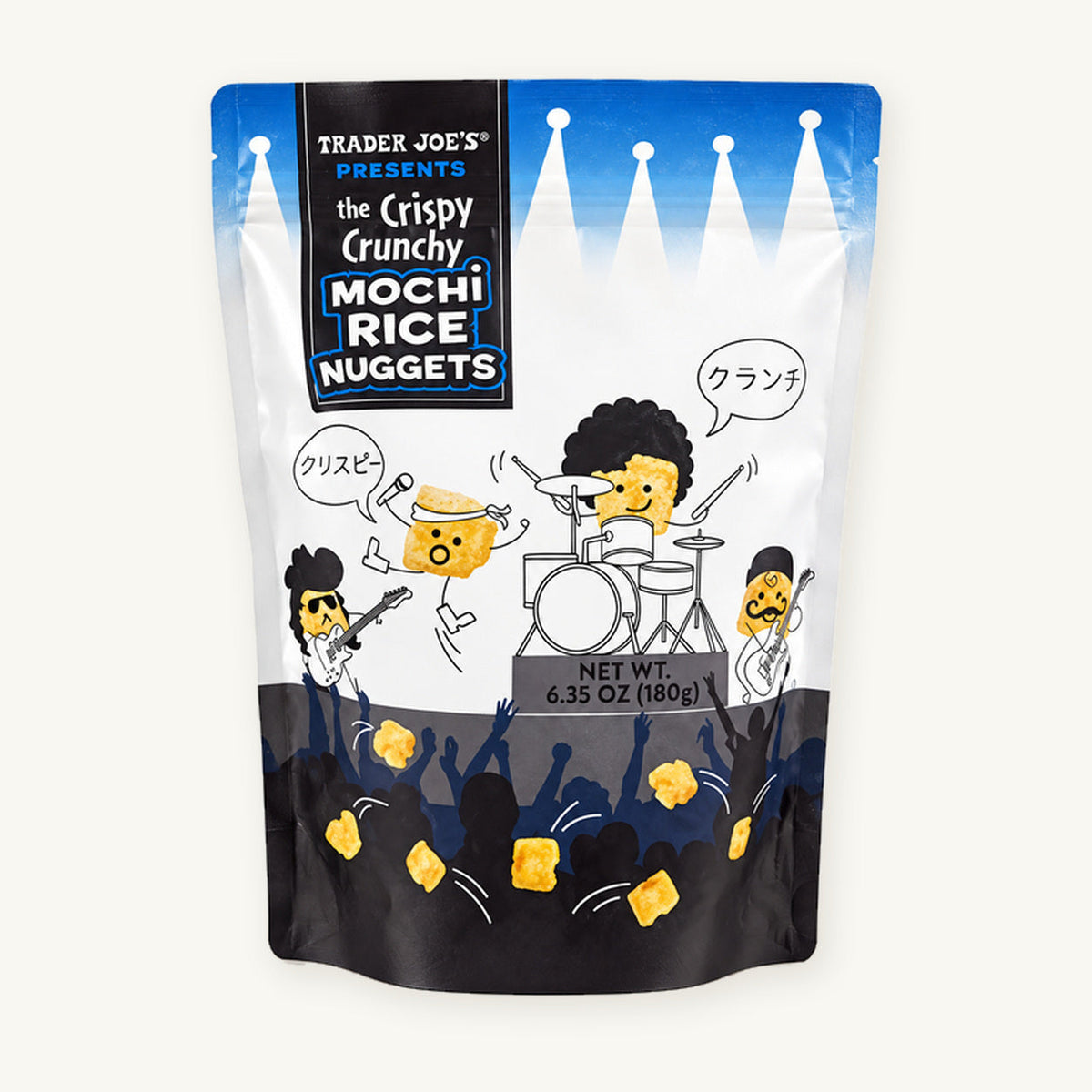 Trader Joe's Crispy Crunchy Mochi Rice Nuggets, 6.35 oz. Blue, white and black bag with illustrated musicians on a warm ivory background.