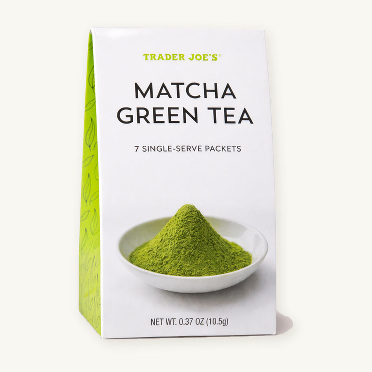 Trader Joe's Matcha Green Tea Powder, 7 packets. White and green box showing a bowl of matcha powder on a warm ivory background.