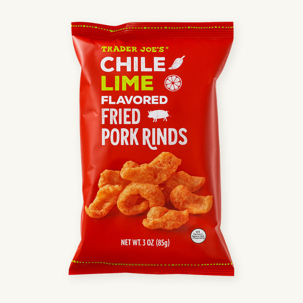 Trader Joe's Chile Lime Flavored Fried Pork Rinds, 3 oz. Red bag showing seasoned pork rinds on a warm ivory background.
