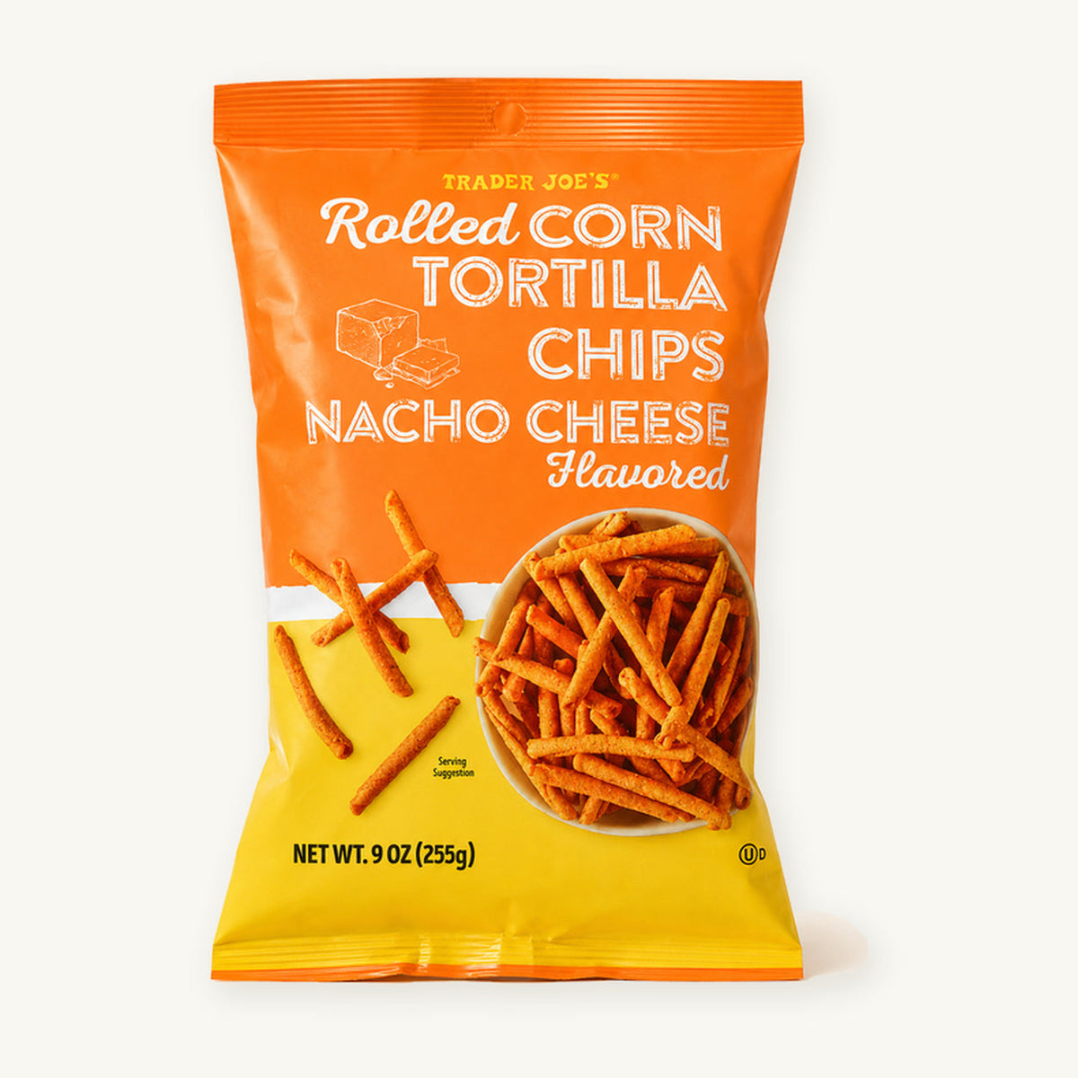 Trader Joe's Nacho Cheese Flavored Rolled Corn Tortilla Chips, 9 oz. Orange and yellow bag on a warm ivory background.