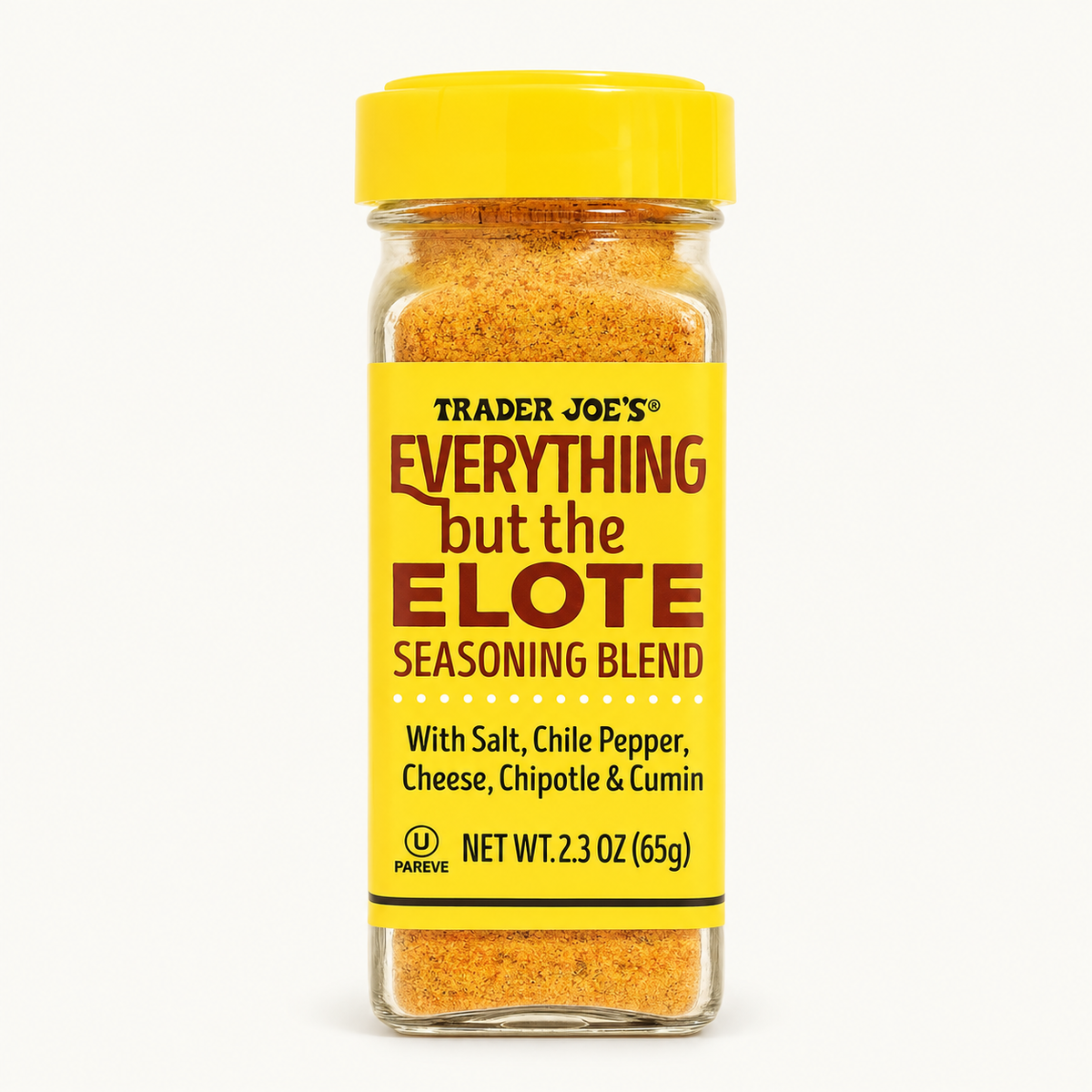 Trader Joe's Everything But The Elote Seasoning Blend on a warm ivory background.