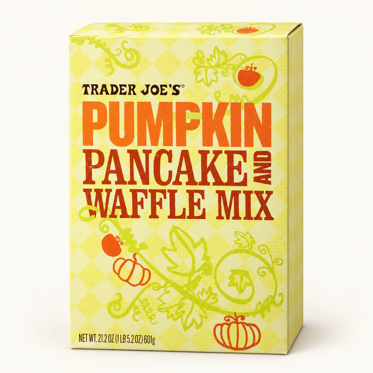 Trader Joe's Pumpkin Pancake & Waffle Mix 21.2 oz box on an ivory background